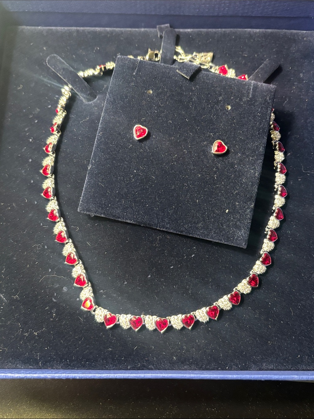Swarovski Gold-Tone Necklace and Studs with Red Heart Crystals